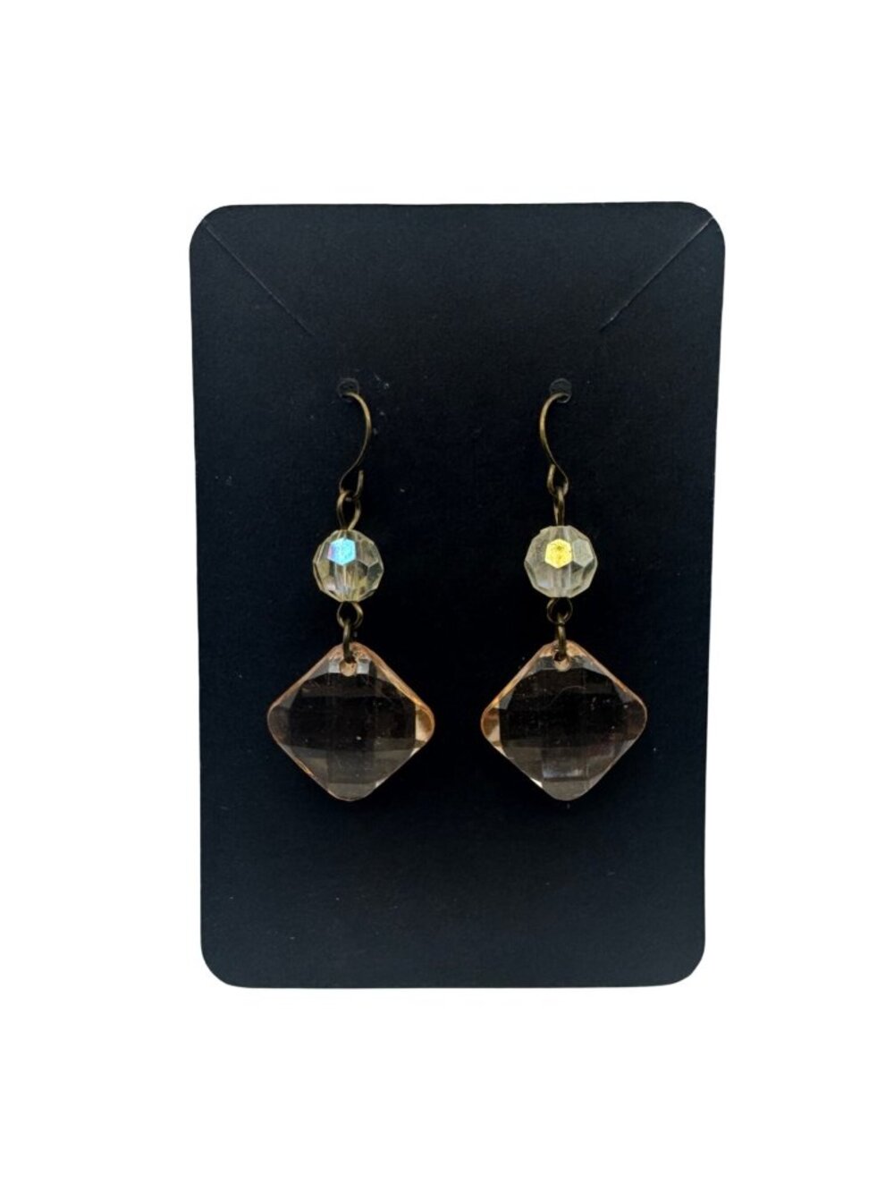 Vintage Brass Drop Earrings With Faceted Crystal Beads Dangle Design